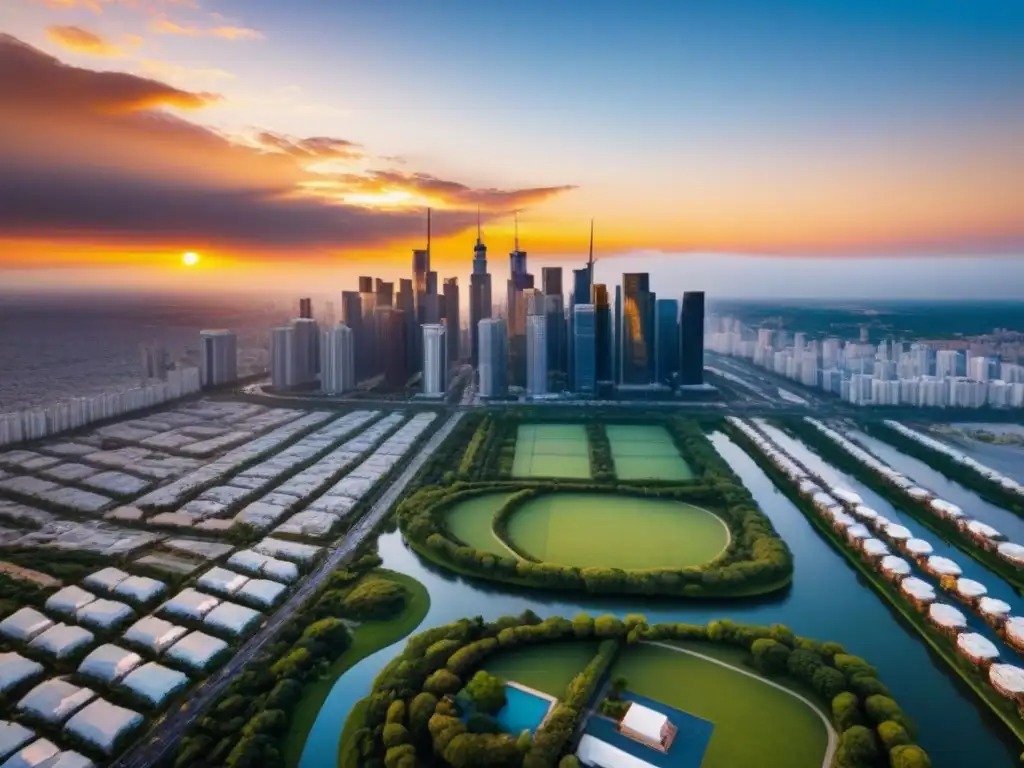 Metrópolis diversa al atardecer: Valuación inmobiliaria en acción Vista aérea de una ciudad diversa al atardecer, destacando propiedades inmobiliarias