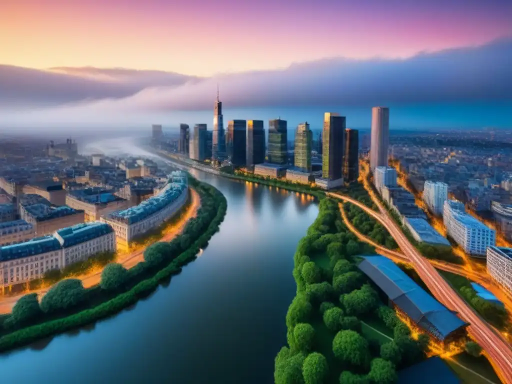 Panorámica urbana al atardecer: modernidad y tradición junto al río Vista aérea de ciudad diversa al atardecer, con río y mezcla de edificios modernos e históricos
