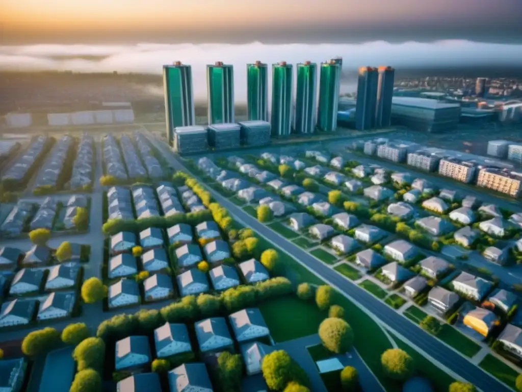 Panorama urbano: políticas de vivienda y real estate Vista aérea de una ciudad con diversidad de viviendas, reflejando las políticas de vivienda en el sector inmobiliario