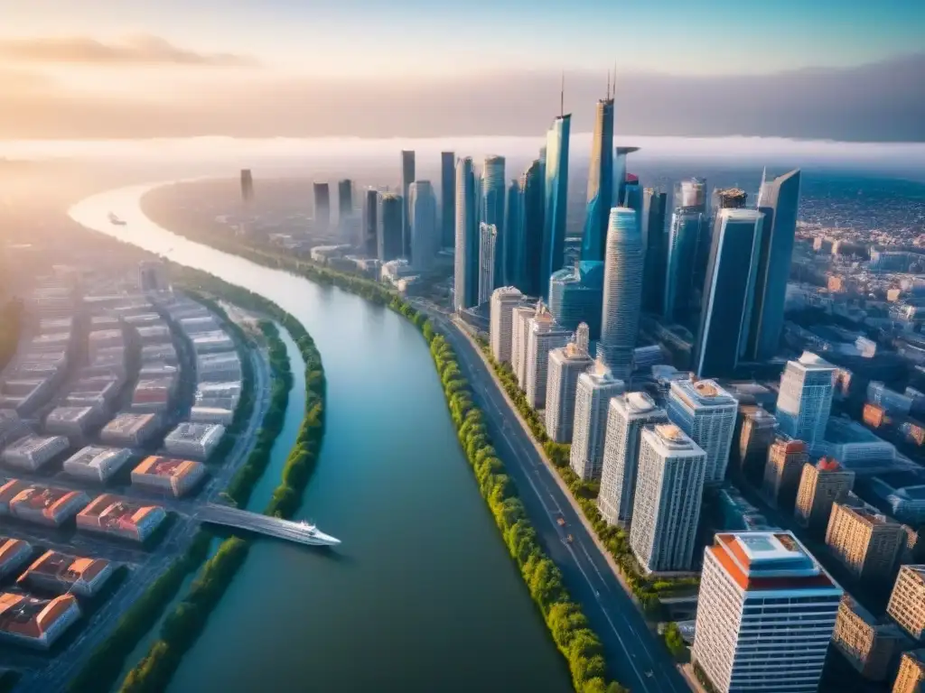 Metrópolis en evolución: arquitectura diversa y crecimiento dinámico Vista aérea de ciudad dinámica con diversidad arquitectónica y río, reflejando impacto economía regional mercado inmobiliario