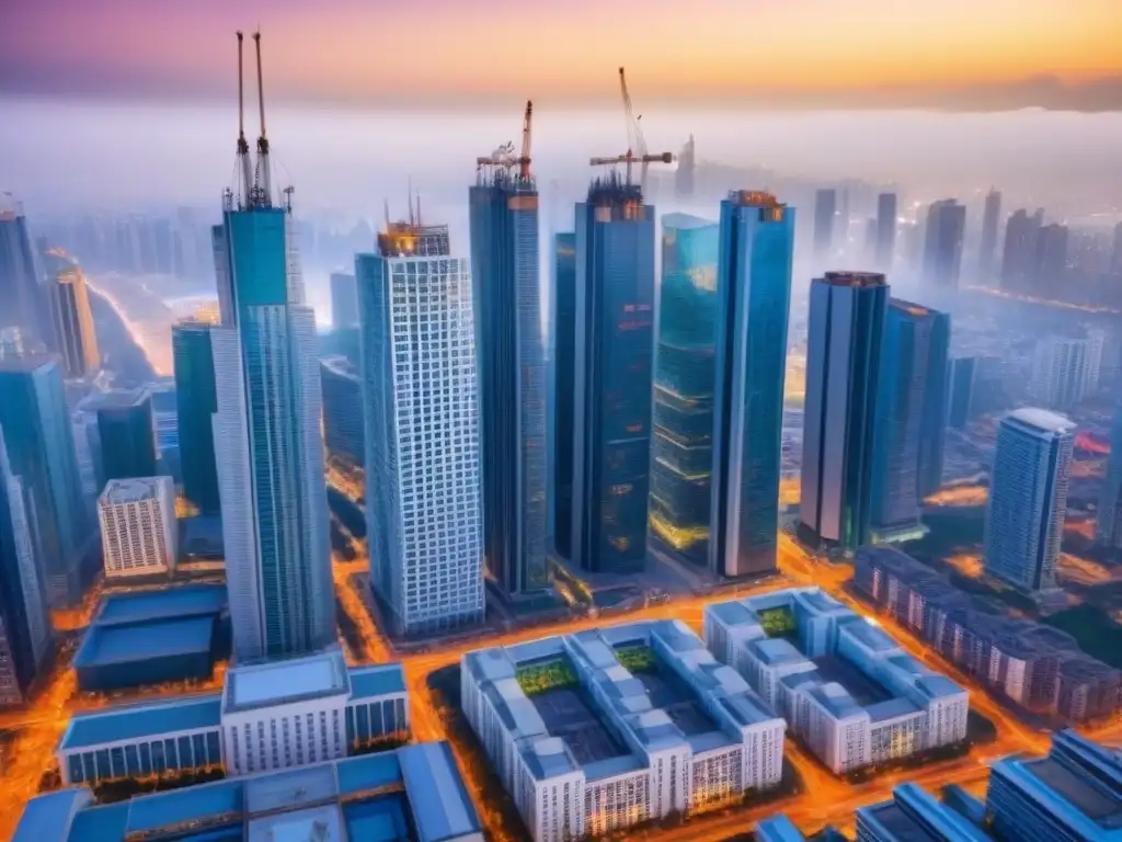 Metrópolis emergente: mezcla de modernidad y tradición Vista aérea de una ciudad en una economía emergente, con rascacielos modernos y arquitectura tradicional