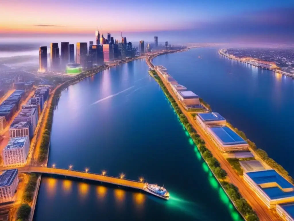 Horizonte urbano iluminado: potencial inmobiliario en la ciudad Vista aérea de la ciudad al anochecer con edificios iluminados y río sereno
