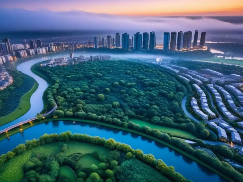 Horizonte urbano al atardecer: luces y río Vista aérea de ciudad al anochecer con edificios, río y parques