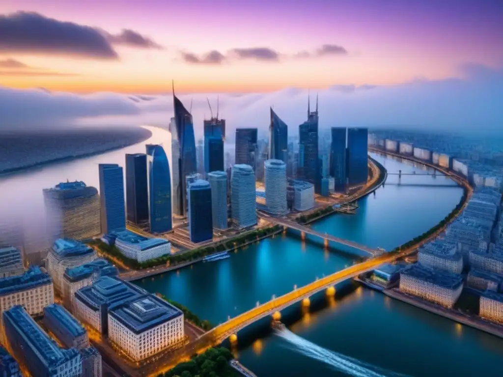 Horizonte europeo: ciudad moderna al atardecer Vista aérea de una ciudad europea moderna al atardecer, con un skyline vibrante iluminado por el sol dorado sobre el río, ideal para financiamiento para inversores inmobiliarios internacionales