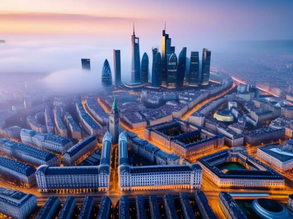 Cityscape Europeo: Euros y monedas locales en préstamos inmobiliarios Vista aérea de ciudad europea: rascacielos modernos y edificios históricos se fusionan armoniosamente