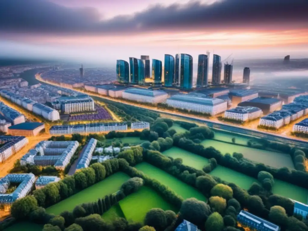 Vista aérea de ciudad europea: modernidad y sostenibilidad Vista aérea de una ciudad europea con edificios modernos y espacios verdes, reflejando la armonía de las regulaciones inmobiliarias por región