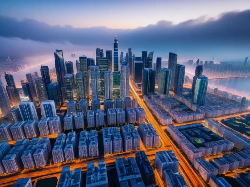 Metrópolis futurista: rascacielos modernos y movilidad avanzada Vista aérea de una ciudad futurista con rascacielos y sistemas de transporte avanzados en países con mayor crecimiento inmobiliario