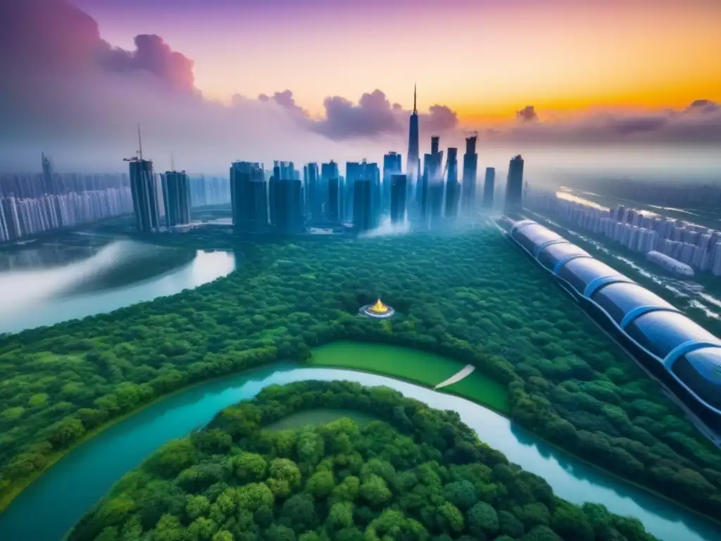 Metrópolis futurista: armonía entre rascacielos y naturaleza Vista aérea de una ciudad futurista con rascacielos rodeados de parques verdes y agua, destacando la armonía entre desarrollo urbano y naturaleza