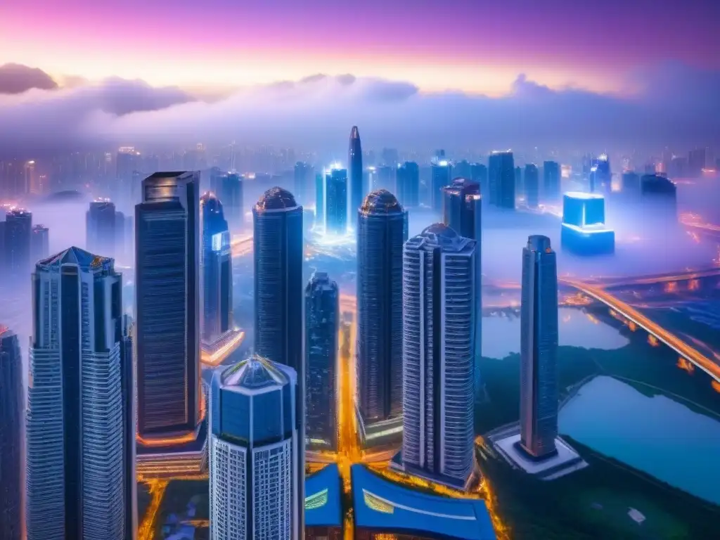 Cityscape futurista en Asia: fusión de tradición e innovación Vista aérea de una ciudad futurista en Asia fusionando arquitectura innovadora con elementos tradicionales, simbolizando la tecnología blockchain en el financiamiento inmobiliario asiático