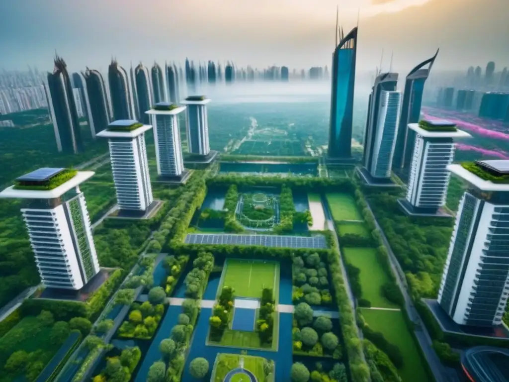 Metrópolis futurista: arquitectura sostenible y naturaleza Vista aérea de una ciudad futurista con rascacielos, parques verdes y complejos de vivienda innovadores, reflejando políticas de vivienda sector inmobiliario
