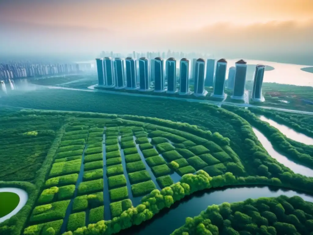 Metrópolis futurista sostenible: arquitectura verde y moderna Vista aérea de una ciudad futurista con edificaciones sostenibles y tecnologías verdes