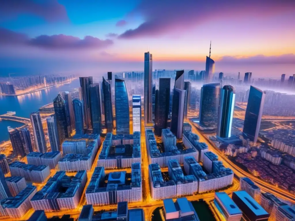 Cityscape futurista con blockchain: innovación en real estate Vista aérea 8k de una ciudad futurista con patrones de blockchain, reflejando el financiamiento inmobiliario con blockchain