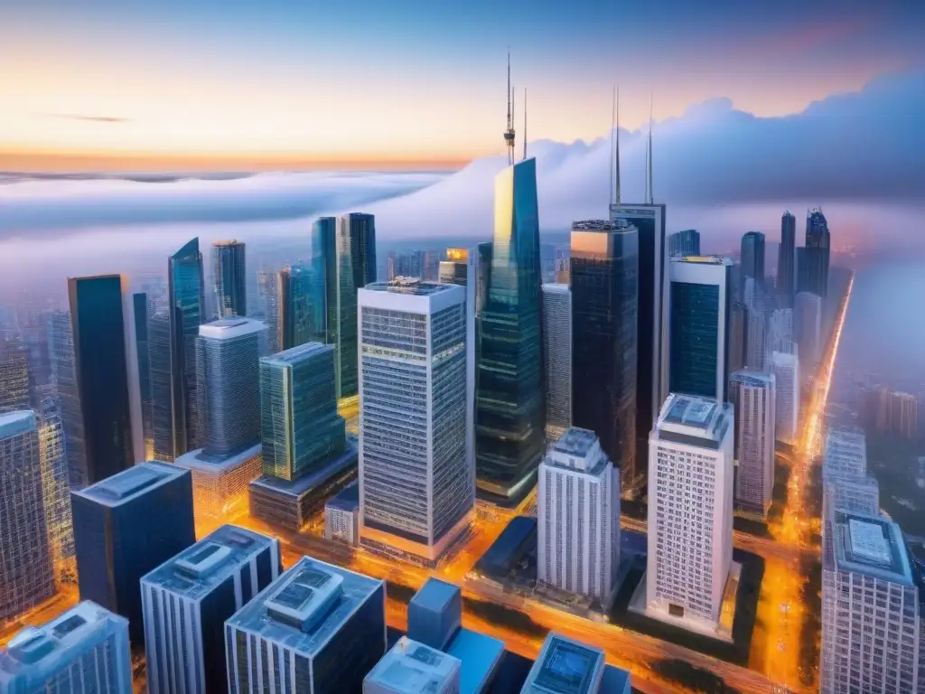 Metrópolis digital: innovación en gestión inmobiliaria Vista aérea de ciudad futurista con rascacielos y tecnología, reflejando Apps de gestión inmobiliaria online