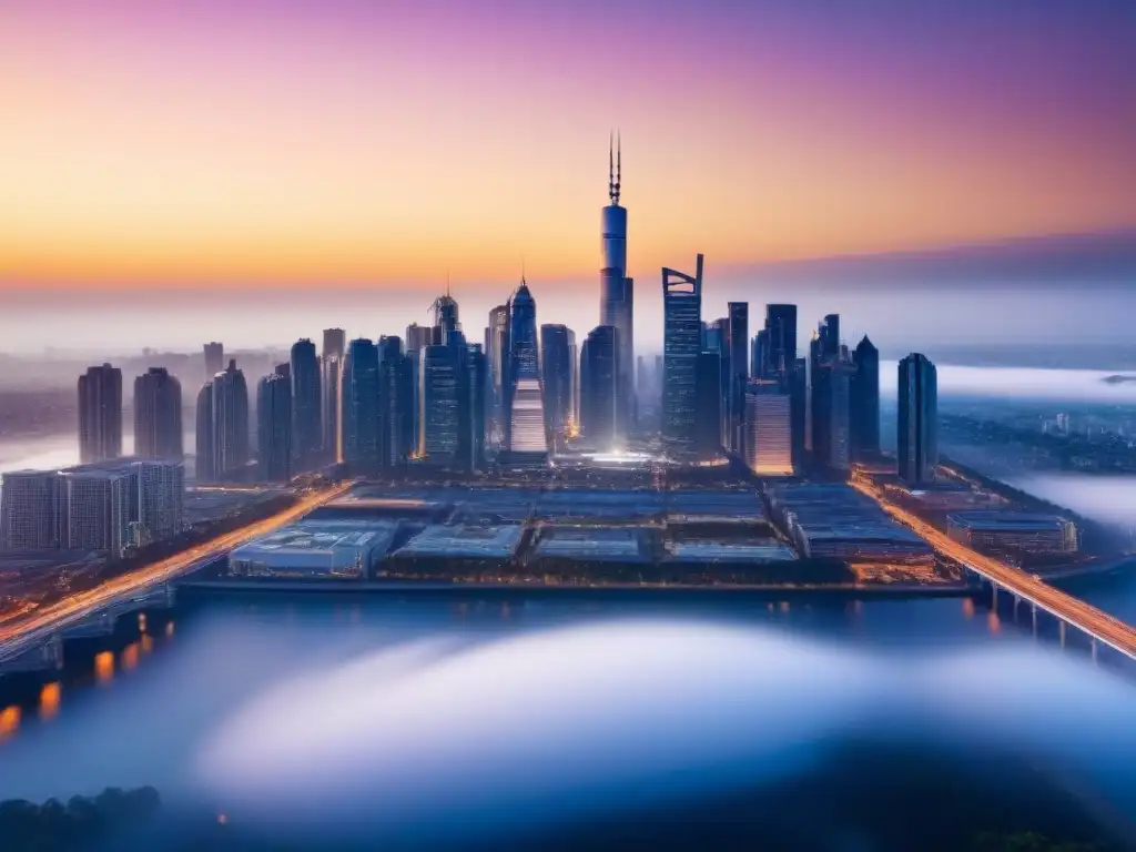 Metrópolis futurista al atardecer: lujo y modernidad Vista aérea de una ciudad futurista con rascacielos y edificios residenciales de lujo, bañada por la luz cálida del atardecer