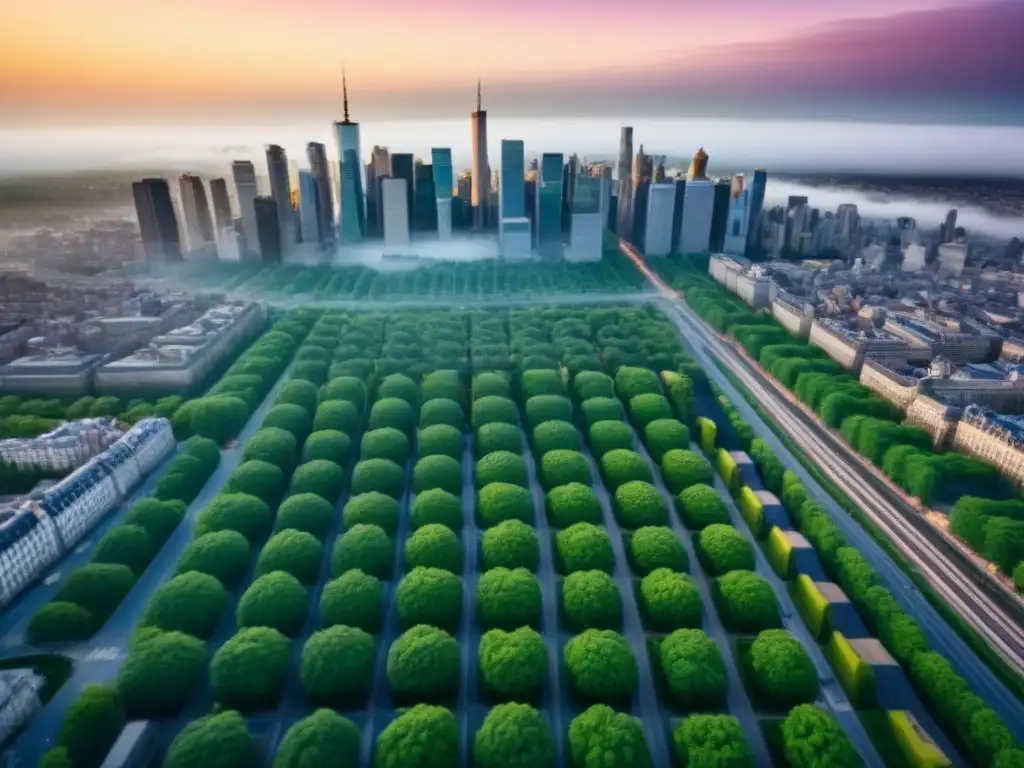 Renovación urbana: fusión de historia y modernidad en la ciudad postguerra Vista aérea de una ciudad tras la guerra, con rascacielos modernos integrados con edificios históricos restaurados