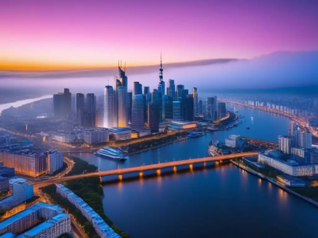 Horizonte urbano al atardecer: luces y colores de una ciudad vibrante Vista aérea de una ciudad iluminada al anochecer, reflejada en un río tranquilo