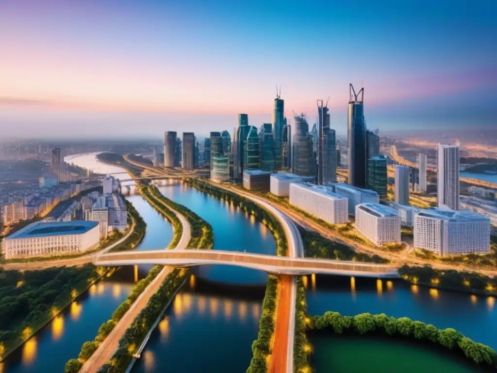 Vista aérea impactante de una ciudad vibrante al anochecer Vista aérea de ciudad al anochecer, resaltando infraestructura urbana y valoración inmobiliaria