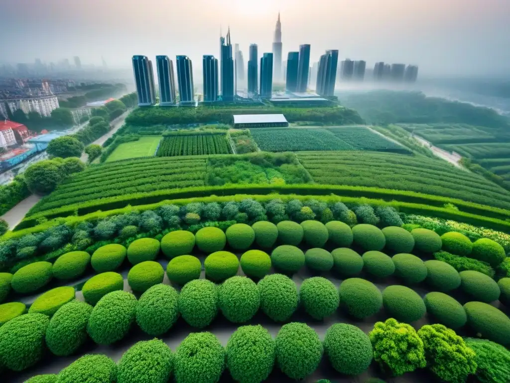 Transformación urbana: innovación verde en armonía con la naturaleza Vista aérea de una ciudad con innovadores edificios verdes integrados en el paisaje urbano