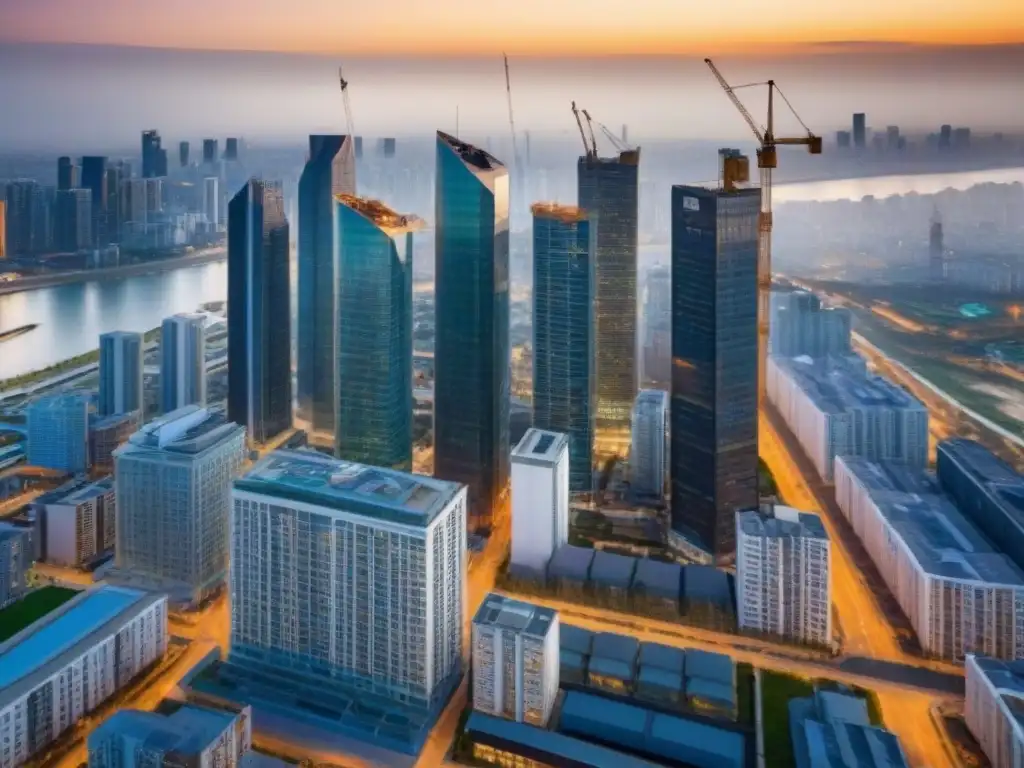 Horizonte urbano dinámico: crecimiento inmobiliario moderno Vista aérea de una ciudad llena de rascacielos modernos, reflejando crecimiento en Financiamiento proyectos sindicación inmobiliaria