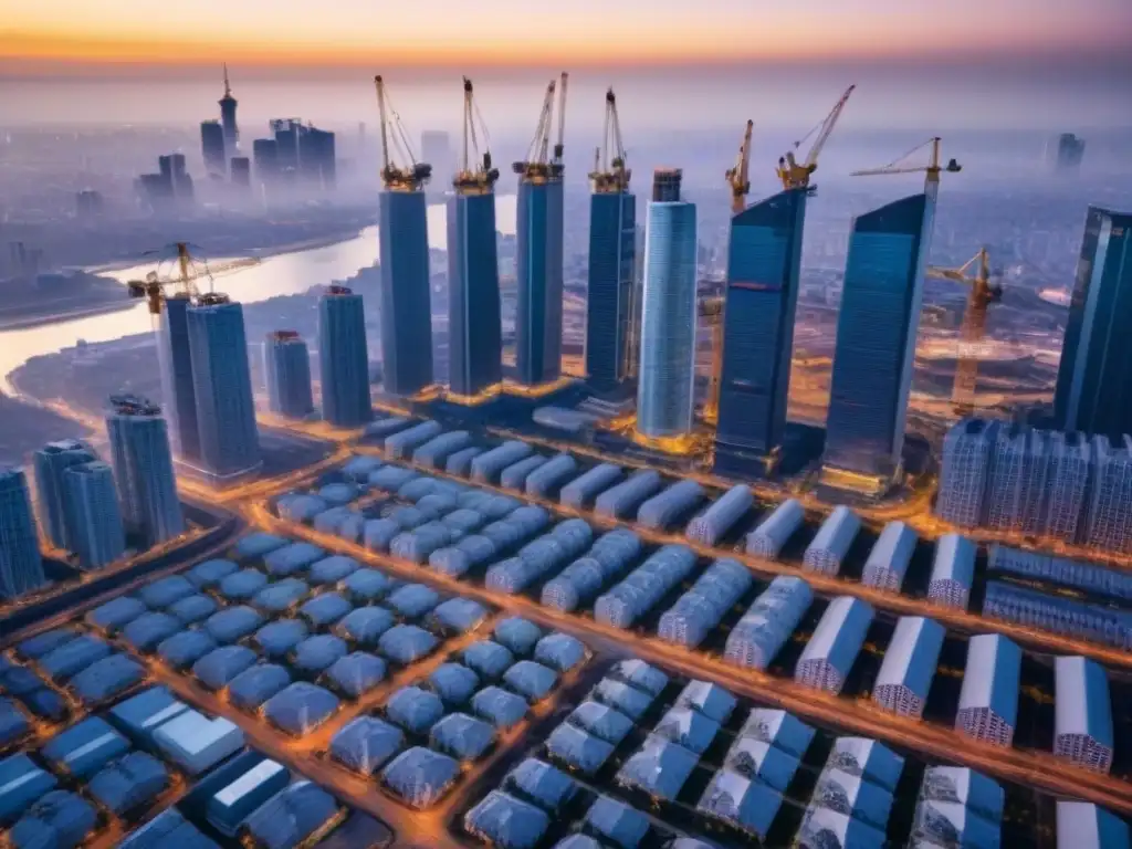 Horizonte urbano: modernidad y progreso en construcción Vista aérea de una ciudad llena de rascacielos modernos y en construcción, mostrando un crecimiento inmobiliario impresionante al atardecer