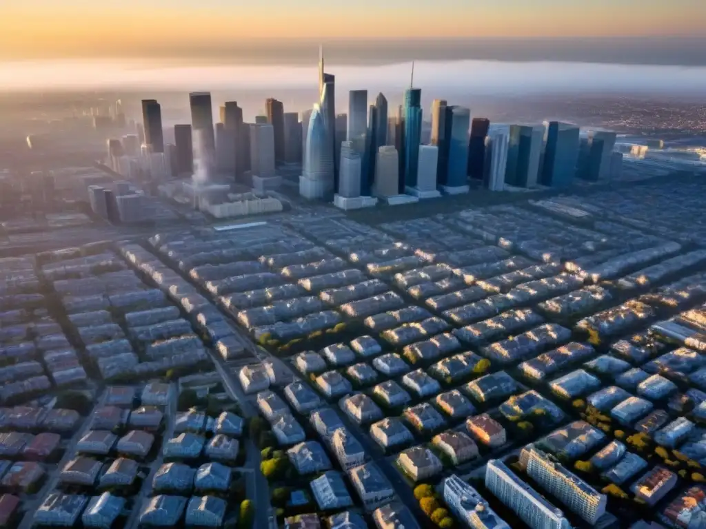 Contrastes arquitectónicos: mercado inmobiliario en evolución Vista aérea ciudad con mezcla rascacielos modernos y edificios históricos, reflejando la evolución del mercado inmobiliario por Políticas de vivienda