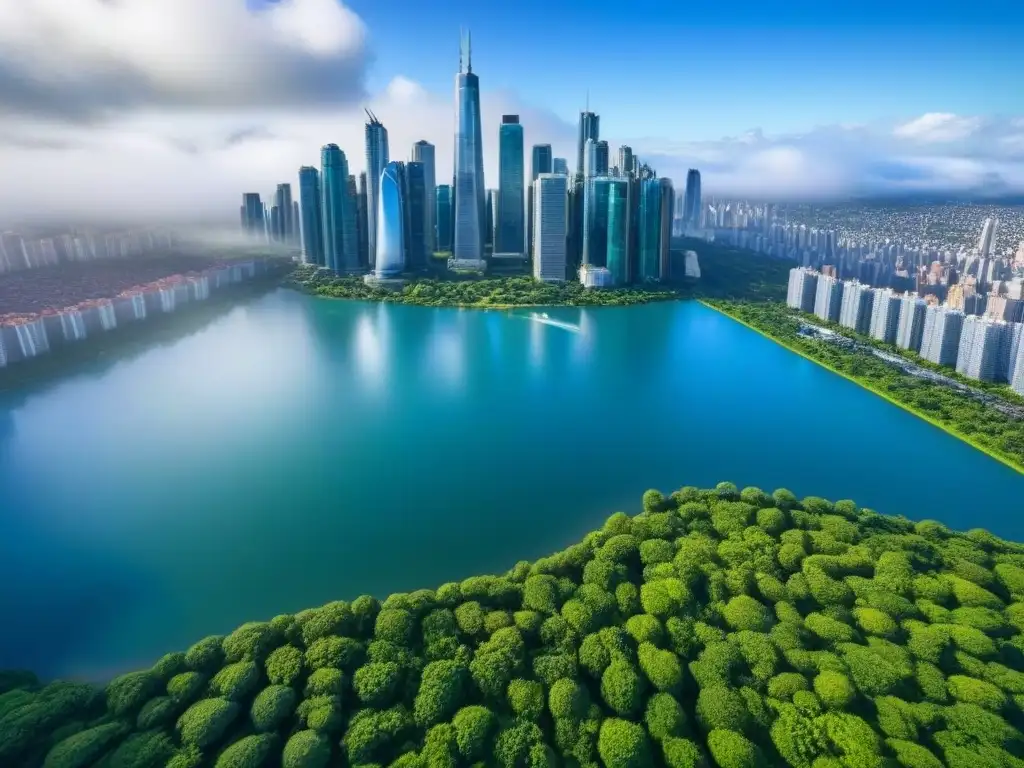 Horizonte urbano moderno de una próspera ciudad latinoamericana Vista aérea de una ciudad moderna próspera en América Latina con rascacielos y parques verdes, simbolizando un mercado inmobiliario dinámico y pujante