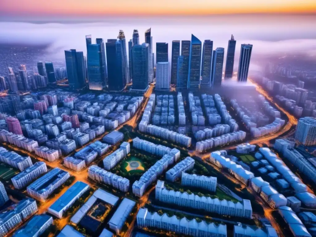 Metrópolis vibrante: arquitectura moderna en crecimiento Vista aérea de una ciudad moderna con rascacielos y diversidad arquitectónica