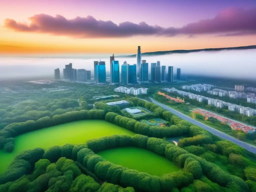 Inversión inmobiliaria: ciudad moderna y verde Vista aérea de una ciudad moderna con propiedades residenciales y espacios verdes, ideal para la rentabilidad inversión segunda propiedad