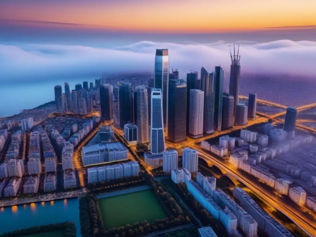 Horizonte urbano dorado al atardecer: metrópolis en crecimiento Vista aérea de una ciudad moderna al atardecer, con rascacielos reflejando el sol dorado, simbolizando el desarrollo urbano y la palabra clave cerrar brecha inmobiliaria con financiamiento