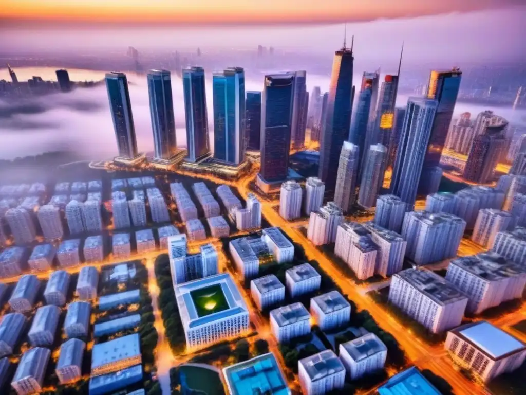 Horizonte urbano al atardecer: modernidad y vida citadina en armonía Vista aérea de una ciudad moderna con rascacielos reflejando el atardecer, fusionando arquitectura urbana y vida citadina