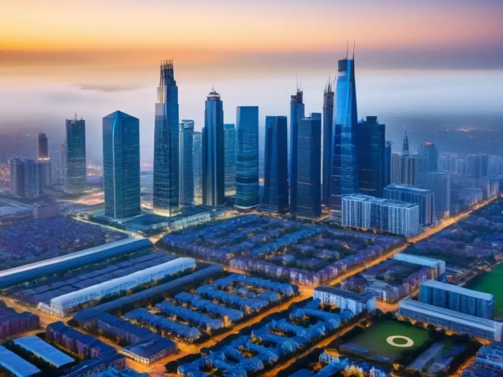 Metrópolis vibrante: evolución del mercado inmobiliario urbano Vista aérea de ciudad moderna con rascacielos y barrios vibrantes, simbolizando la evolución del mercado inmobiliario y acceso vivienda