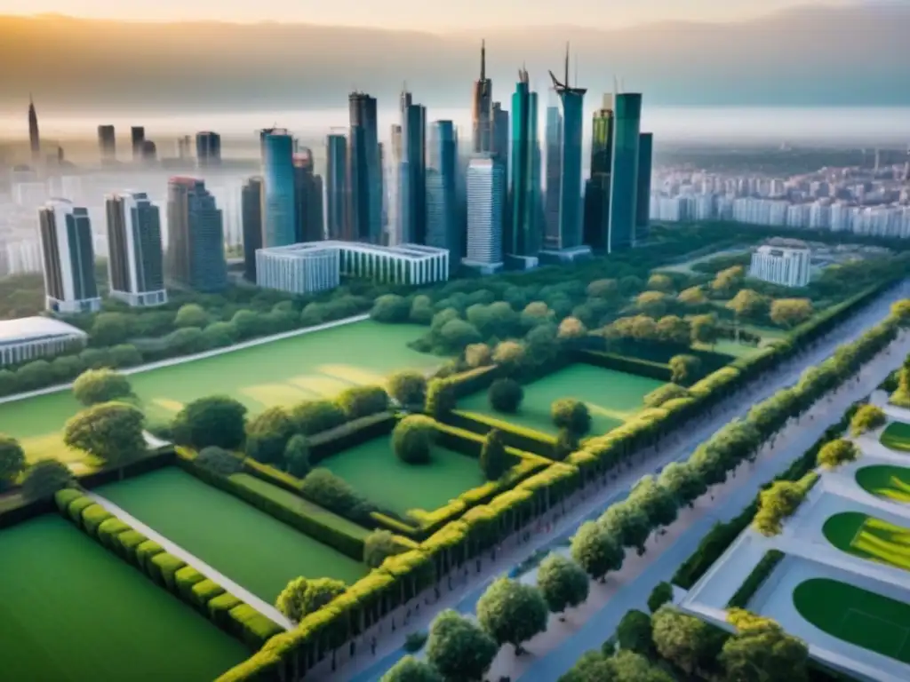 Metrópolis moderna: fusión urbana y natural Vista aérea de una ciudad moderna con rascacielos y parques verdes, reflejando la fusión entre desarrollo urbano y naturaleza