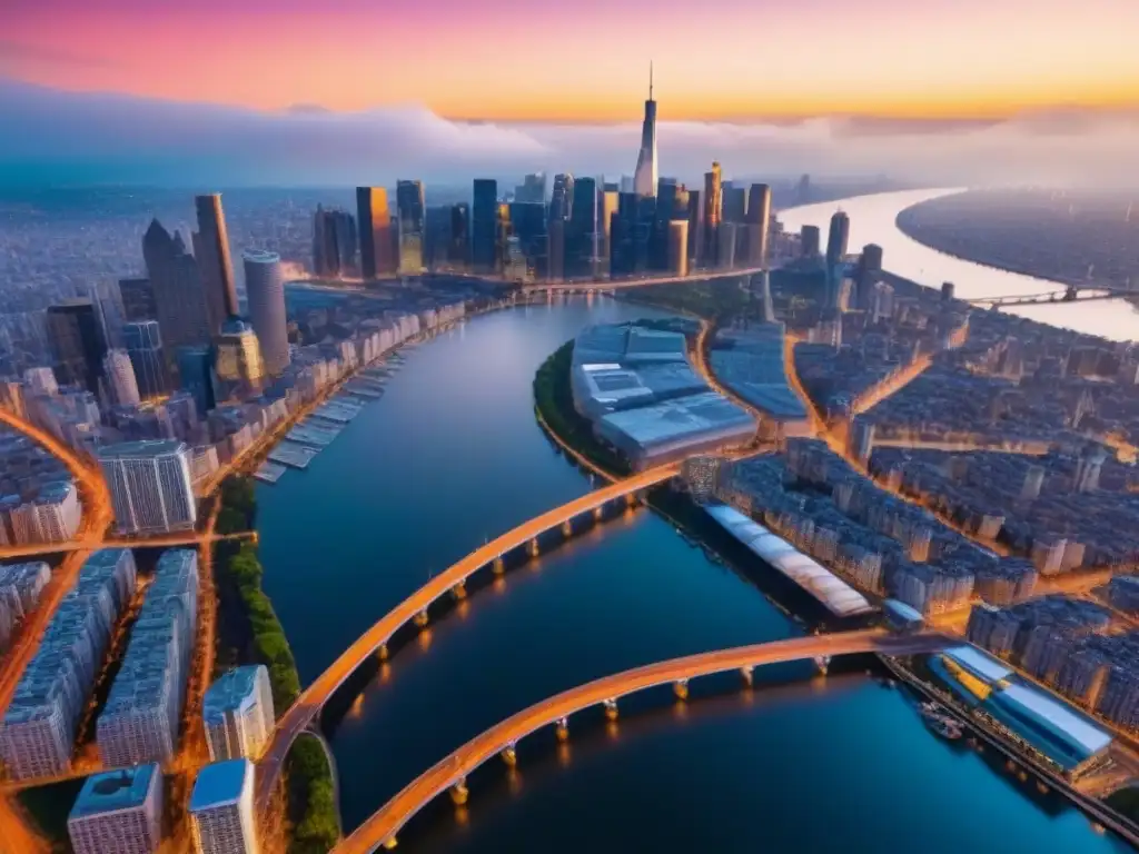 Espléndido atardecer en la ciudad: rascacielos dorados junto al río Vista aérea de una ciudad moderna al atardecer con río sereno, reflejando la luz dorada en edificios altos