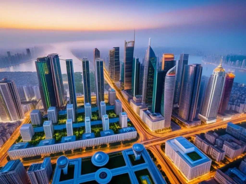 Metropolis en crecimiento: luces y arquitectura urbana Vista aérea de ciudad moderna con rascacielos, reflejo de normativa financiamiento inmobiliario guía