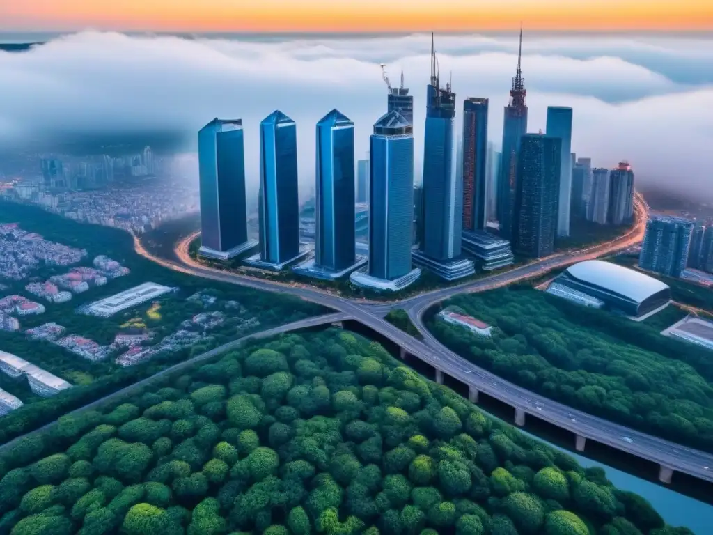 Metrópolis moderna: rascacielos y naturaleza en armonía Vista aérea de una ciudad moderna con rascacielos y vegetación, reflejo de la normativa local inversiones inmobiliarias