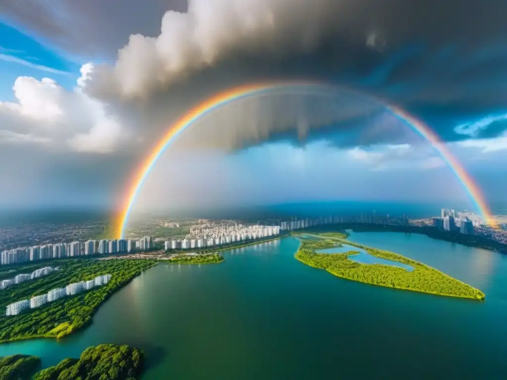 Espléndida ciudad moderna en armonía con la naturaleza Vista aérea de una ciudad moderna con rascacielos rodeados de parques verdes y agua, mostrando la armonía entre lo urbano y lo natural