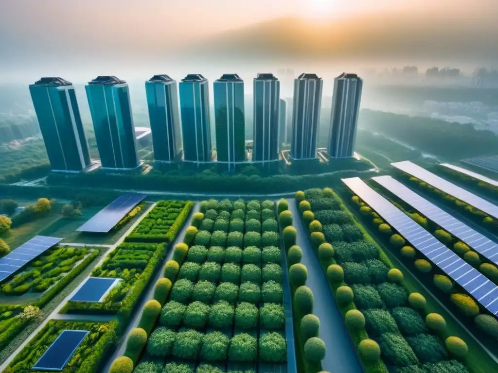 Metrópolis ecoamigable: rascacielos verdes y financieramente sostenibles Vista aérea de una ciudad moderna con rascacielos ecológicos rodeados de espacios verdes, paneles solares y diseño innovador