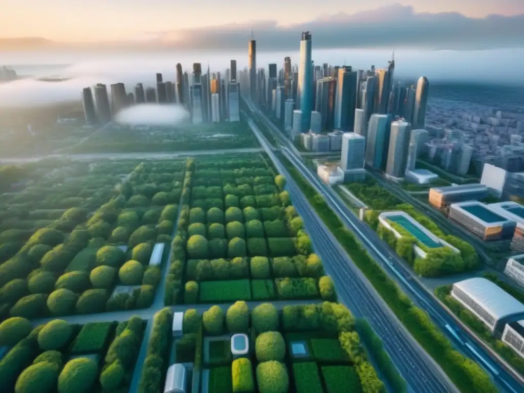 Metrópolis sostenible: ciudad moderna con espacios verdes entre rascacielos Vista aérea de una ciudad moderna con espacios verdes entre rascacielos, destacando la planificación urbana sostenible para ciudades