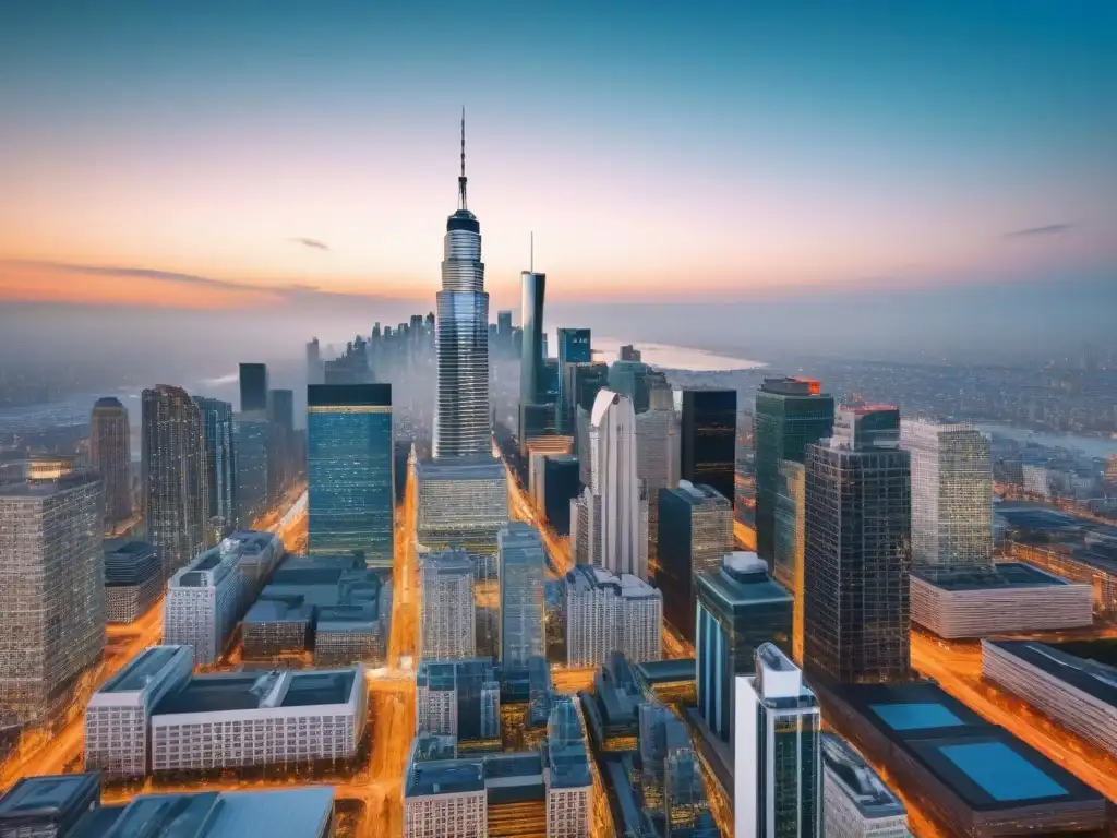 Mercado inmobiliario transparente: Profesionales en acción Vista aérea de una ciudad moderna con rascacielos y edificios de vidrio, reflejando la transparencia en transacciones inmobiliarias