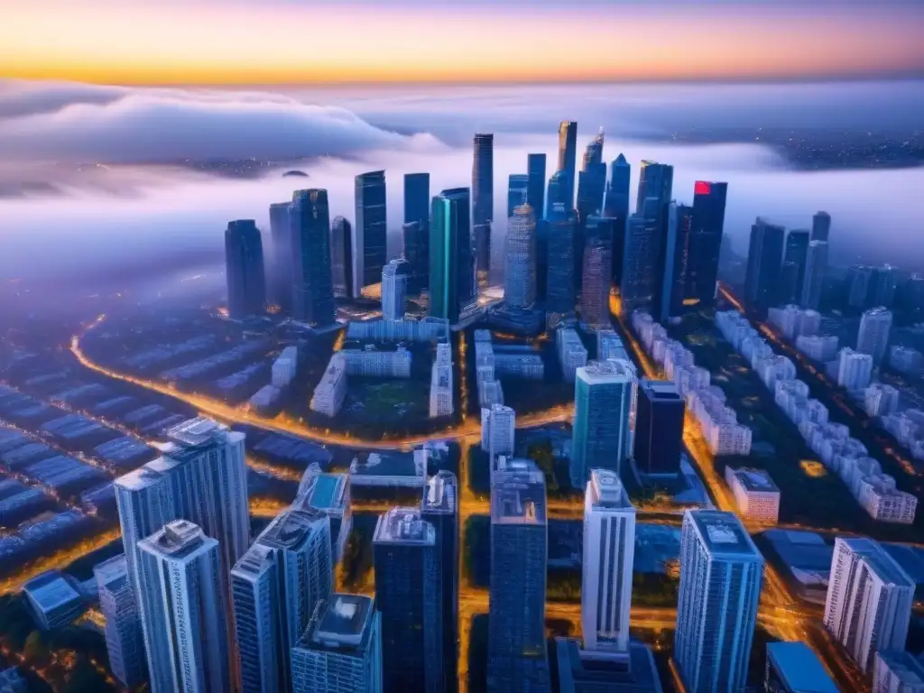 Vibrante mercado inmobiliario: honestidad y transparencia en evaluaciones 'Vista aérea de una ciudad moderna con rascacielos y calles bulliciosas, resaltando la importancia de evaluaciones honestas propiedades inmobiliarias
