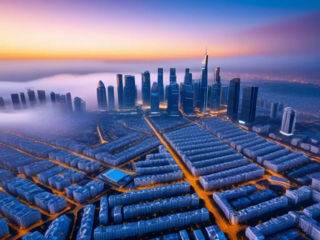 Metrópolis tecnológica: skyline urbano futurista al atardecer Vista aérea de ciudad moderna con rascacielos, drones y tecnología en recuperación mercado inmobiliario