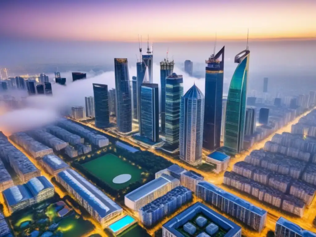 Vista aérea de ciudad moderna: futuro inmobiliario en evolución Vista aérea de una ciudad moderna con rascacielos y espacios verdes, reflejando las tendencias del sector inmobiliario próximos años