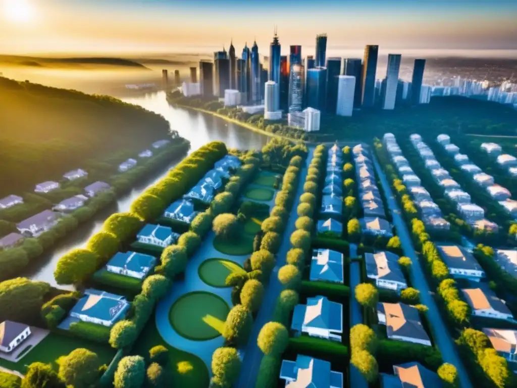 Esplendor urbano: atardecer de lujo en la ciudad moderna Vista aérea de una ciudad moderna con propiedades de lujo rodeadas de vegetación, bañadas por la cálida luz del atardecer