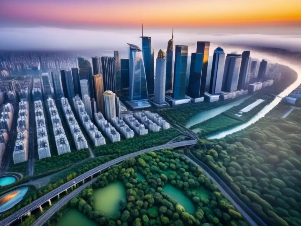 Horizonte urbano al atardecer: modernidad y naturaleza en armonía Vista aérea de una ciudad moderna al atardecer, reflejando rascacielos dorados y un río, simbolizando la prosperidad en el mercado inmobiliario