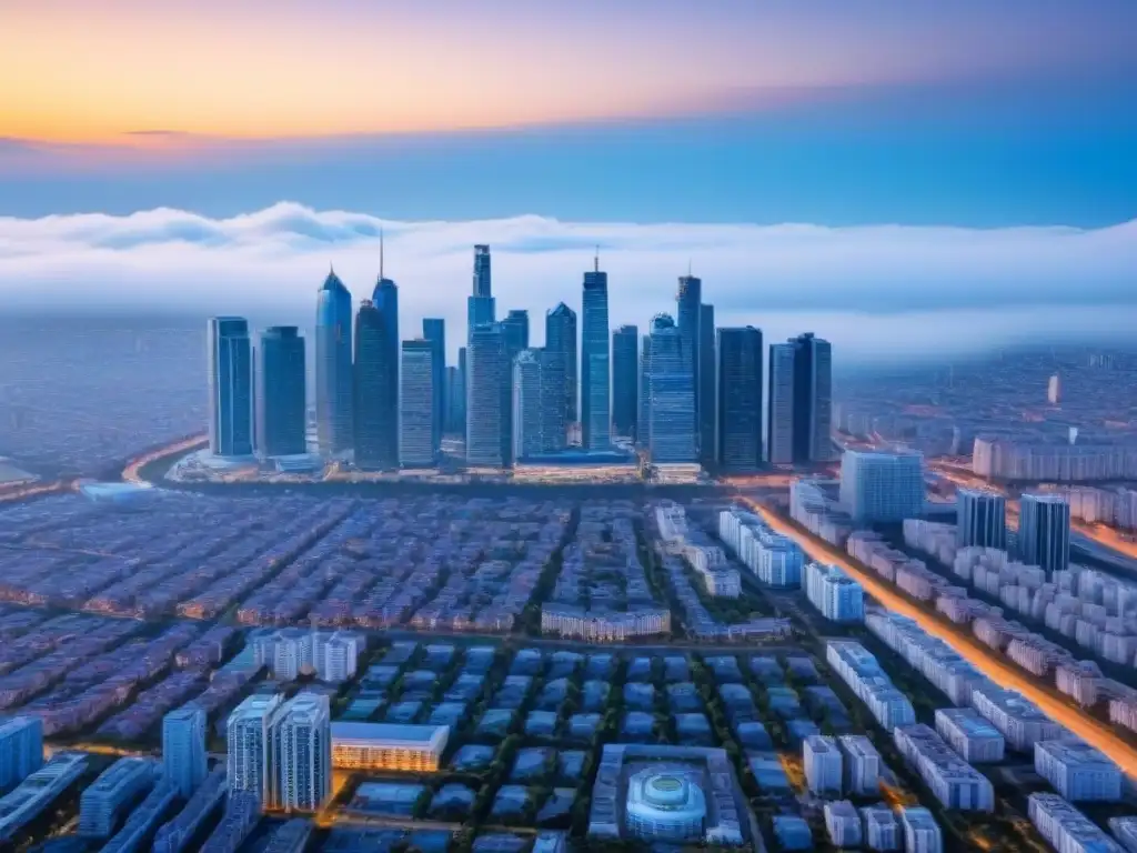 Inversión inmobiliaria en ciudad moderna y diversa Vista aérea de una ciudad moderna y dinámica con rascacielos variados, bajo un cielo azul claro, ideal para consejos para invertir en inmuebles