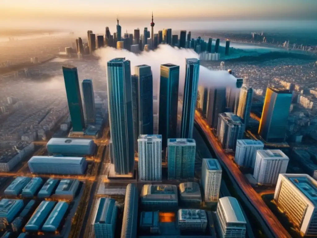 Contraste arquitectónico: evolución urbana en alta resolución Vista aérea de la ciudad con modernos rascacielos y edificios tradicionales, reflejando la transformación del paisaje inmobiliario regional