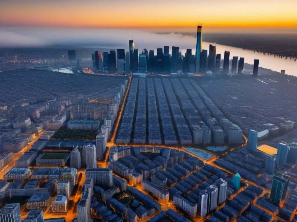 Transformación urbana: cielos de ciudad postcrisis Vista aérea de ciudad con modernos rascacielos y edificios históricos, simbolizando la adaptabilidad de la financiación inmobiliaria postcrisis