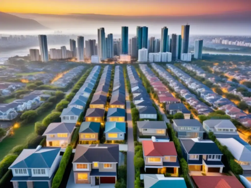 Contraste urbano: evolución del mercado inmobiliario Vista aérea de ciudad: rascacielos modernos junto a casas tradicionales, simbolizando la evolución del mercado inmobiliario y acceso vivienda