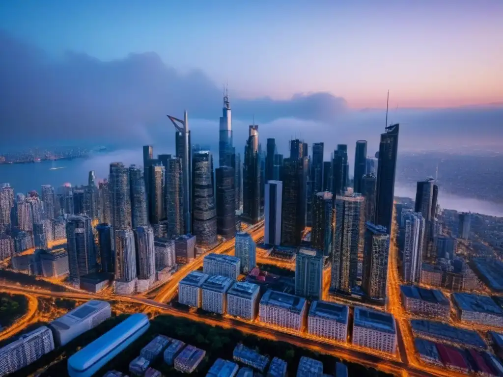 Espectacular metrópolis al anochecer: inversión inmobiliaria en auge Vista aérea de ciudad al anochecer con rascacielos iluminados, símbolo de beneficios fiscales inversión inmobiliaria