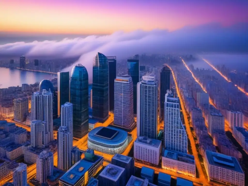 Inversión inmobiliaria: ciudad nocturna con rascacielos iluminados Vista aérea de ciudad al anochecer con rascacielos iluminados, evocando el dinamismo del manejo impuestos propiedades alquiler